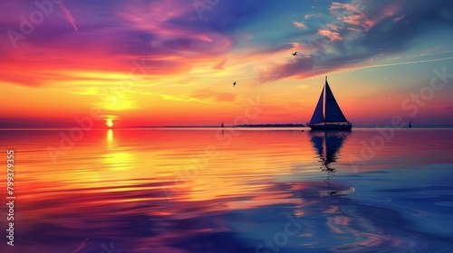 Sailboat at Sunset with Reflective Water and Vivid Sky