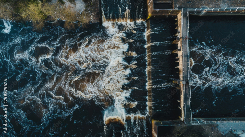Aerial view of a Hydroelectric dam spillway with water running down channels