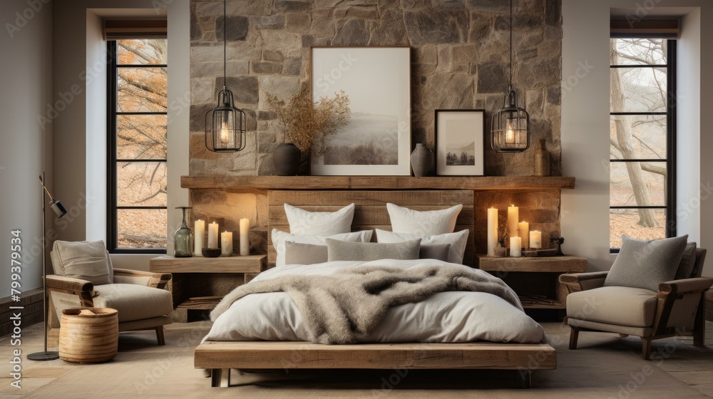 Cozy bedroom with wood and stone accents Cozy bedroom with wood and stone accents