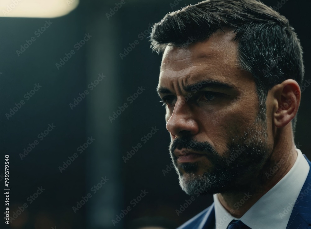 Fototapeta premium Close-up portrait of a serious, focused man in a suit