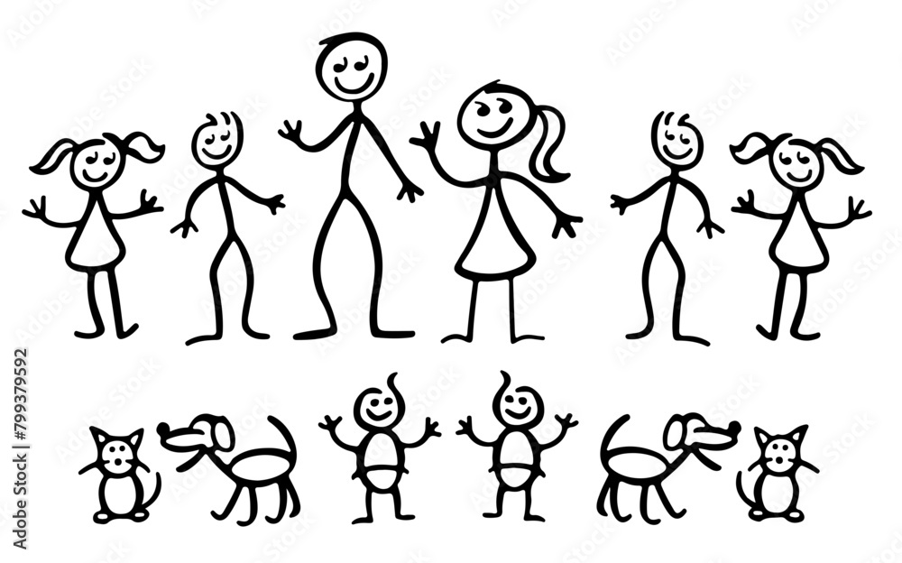 Set of happy cartoon doodle figure family, stick man. Stickman Illustration Featuring a Mother and Father and Kids. Vector Illustration, set of family in stick figures. Set of happy cartoon doodle figure family, stick man. Stickman Illustration Featuring a Mother and Father and Kids. Vector Illustration, set of family in stick figures.
