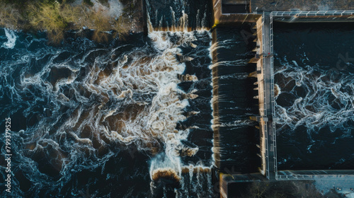 Obraz na płótnie Aerial view of a Hydroelectric dam spillway with water running down channels w salonie