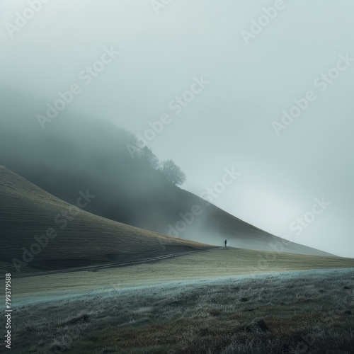 Person walking towards hill in foggy weather