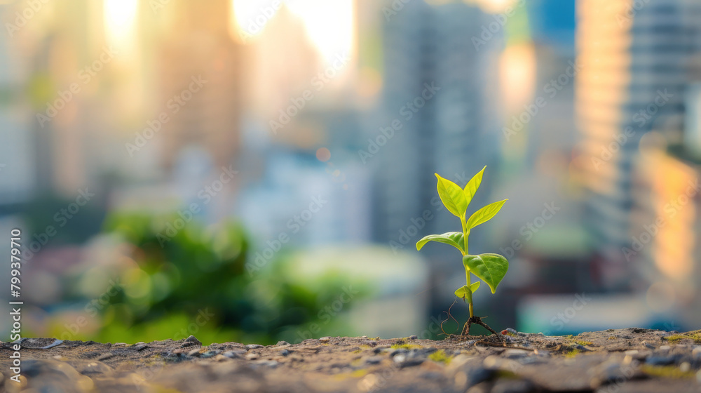 A small plant sprouting and growing from a ledge in a city with an urban blurred out background