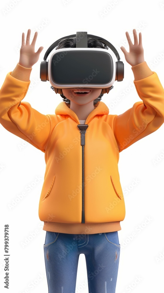 3D illustration of a young boy wearing a virtual reality headset and raising his hands 3D illustration of a young boy wearing a virtual reality headset and raising his hands
