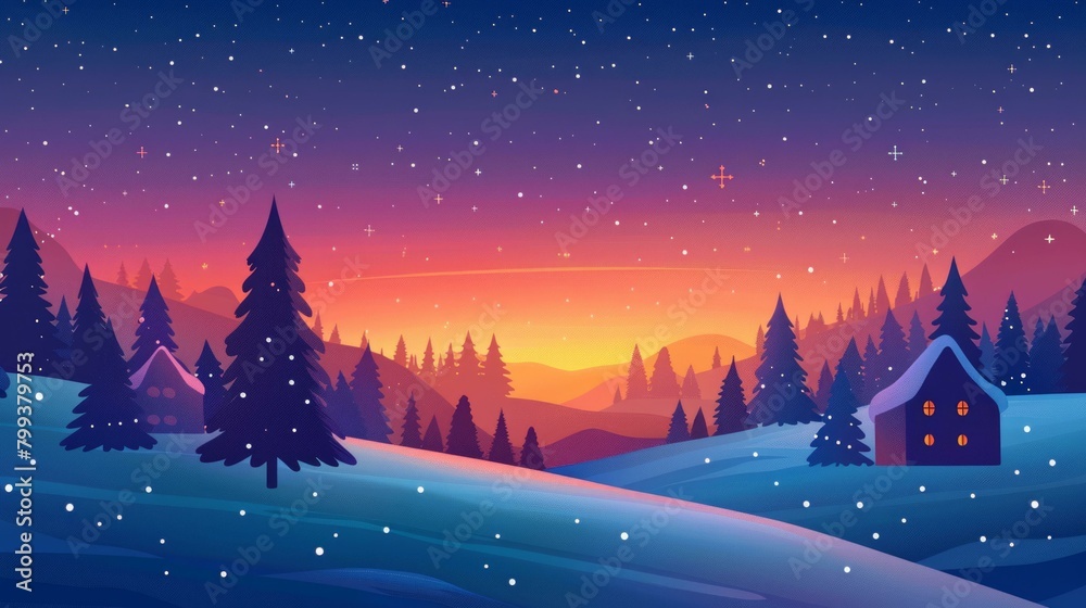 Naklejka premium A Snowy Landscape with a Cabin in the Woods