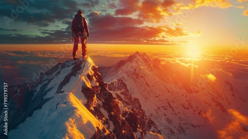 A lone mountaineer stands on a summit and gazes at the setting sun