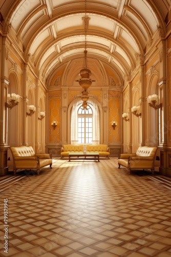 ornate hallway with yellow walls and furniture