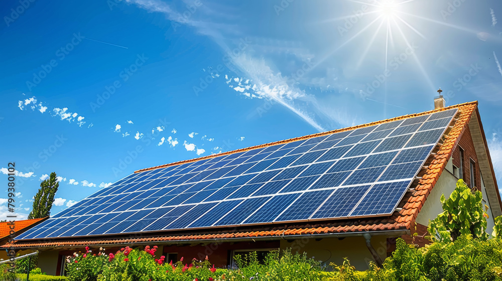 Solar panels on a roof at a home with blue sunny sky