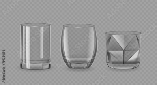 Realistic Drinking Glasses, Isolated 3d Vector Clear Durable Cups Featuring Cylindrical, Crystal and Rounded Shapes