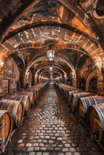 A long row of barrels in a wine cellar with brick floor, AI