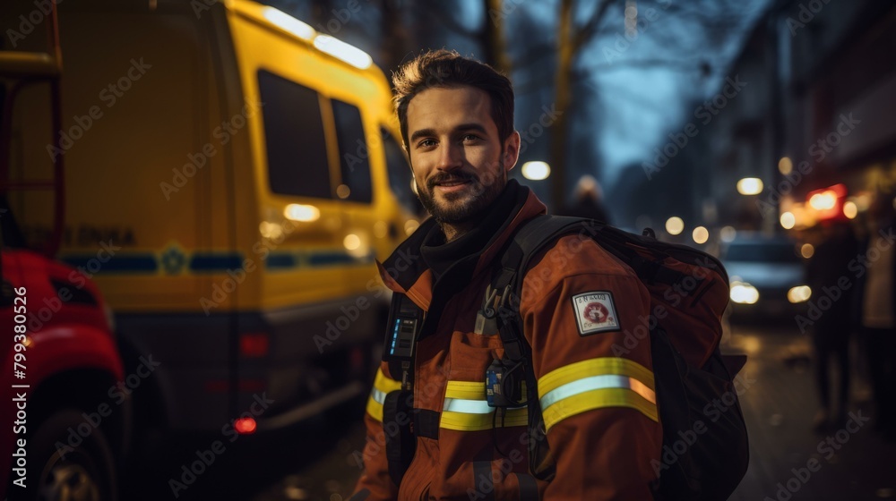 Portrait of a smiling firefighter in protective gear standing in front of a fire truck at night Portrait of a smiling firefighter in protective gear standing in front of a fire truck at night