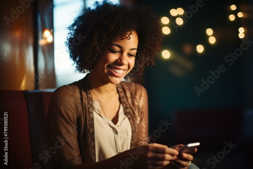 A young African-American woman smiles while texting on her phone
