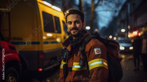 Portrait of a smiling firefighter in protective gear standing in front of a fire truck at night