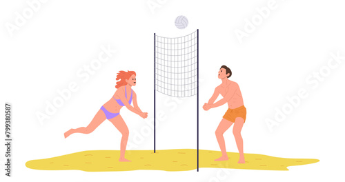 Man and woman couple cartoon characters playing beach volleyball competitive game isolated on white