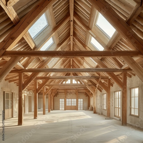 Renovated attic with wooden beams and skylights