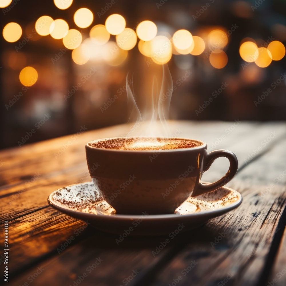 Obraz premium Aromatic hot chocolate in a ceramic cup on a wooden table