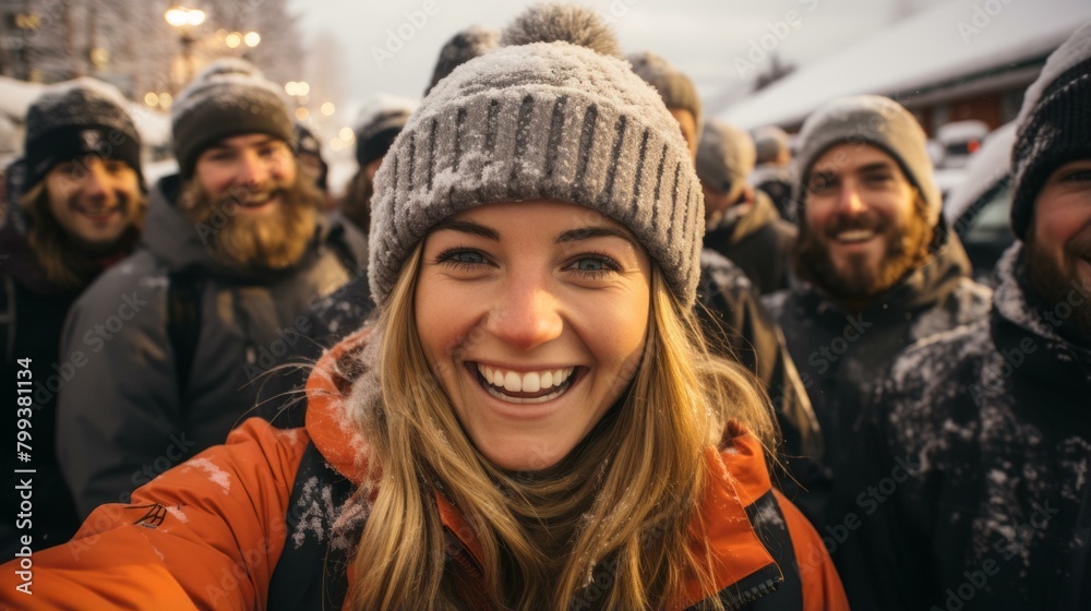 A group of people wearing winter clothes and smiling at the camera A group of people wearing winter clothes and smiling at the camera