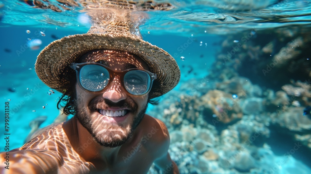 Fototapeta premium A man wearing a straw hat and swimming in the ocean, AI