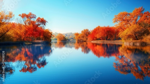 Reflective Lake and Fiery Fall Foliage Panorama