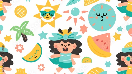  A girl wearing a watermelon on her head, accompanied by a sun and stars adorning her face