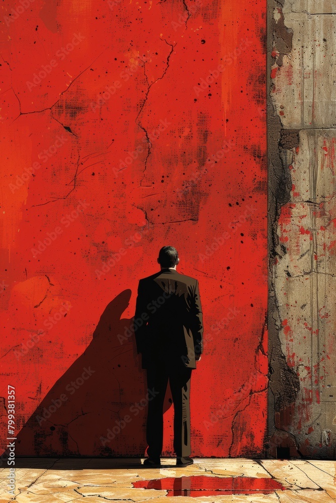 A man in a suit standing next to red wall with blood splatter, AI