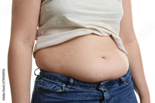 Woman with excessive belly fat on white background, closeup. Overweight problem © New Africa