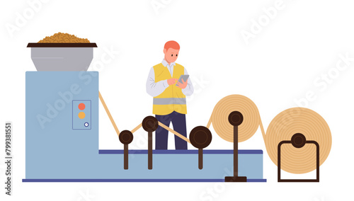 Man operator isolated cartoon character controlling work of paper production press machine