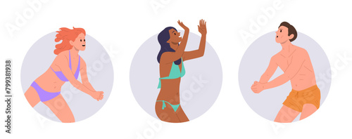 Happy people volleyball players cartoon characters playing summer beach game round composition