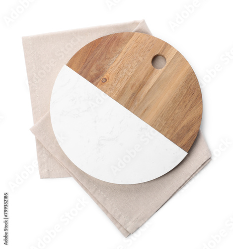 Empty cutting board and napkin isolated on white, top view