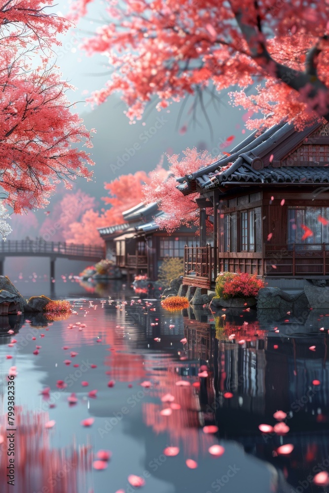 A tranquil setting of traditional houses by the river surrounded by cherry blossoms A tranquil setting of traditional houses by the river surrounded by cherry blossoms