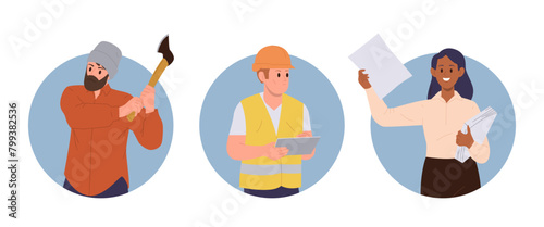 Paper production workers cartoon character round composition with lumberjack, operator, saleswoman
