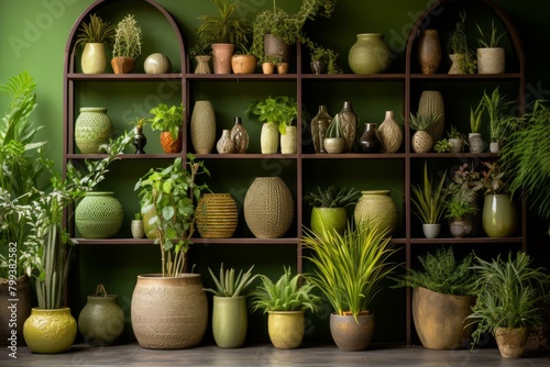 An abundance of green plants and pots of various sizes adorns the shelves against a dark green wall, creating a lush indoor garden.