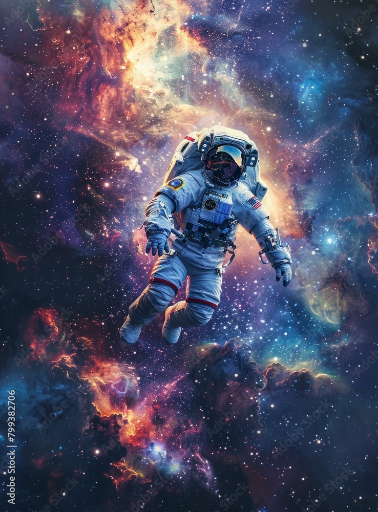 Astronaut in spacesuit floating in the vastness of space