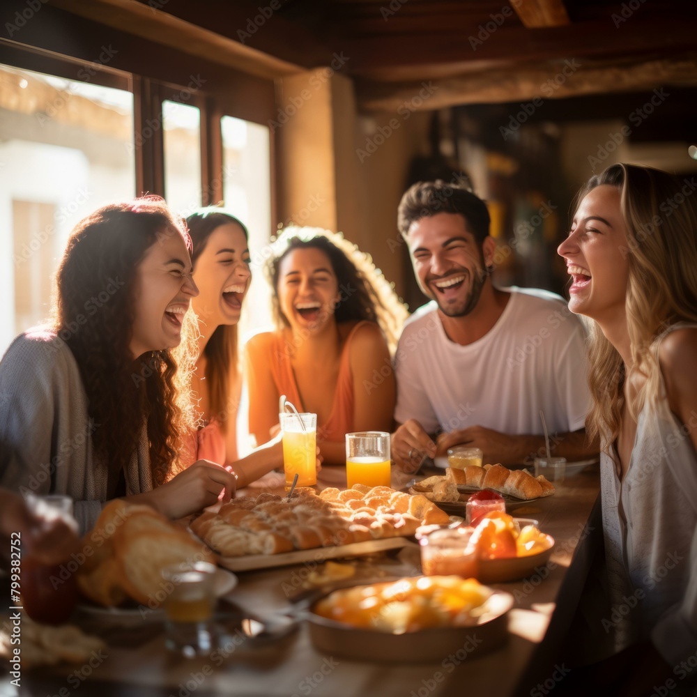 Laughing friends enjoying breakfast together