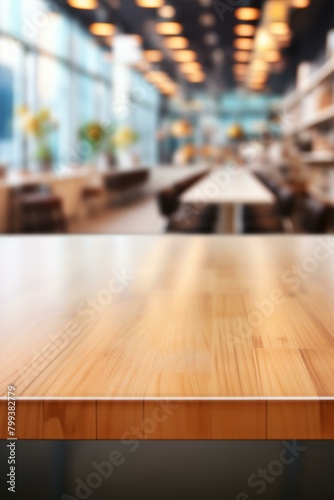 An Empty Wooden Table with a Blurred Restaurant Interior in the Background