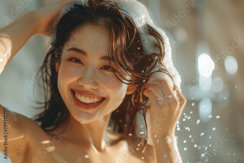 Asian woman washing her hair with shampoo in shower