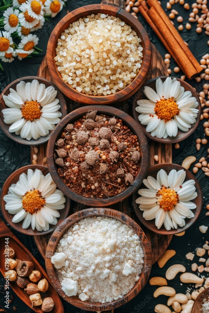 Various nuts and spices on a wooden table Various nuts and spices on a wooden table