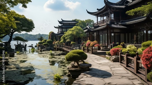 chinese traditional courtyard house with lake and garden photo