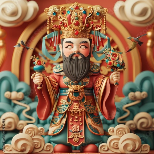 Chinese God of Fortune, Cai Shen, holding a golden ingot and aå¦‚æ„