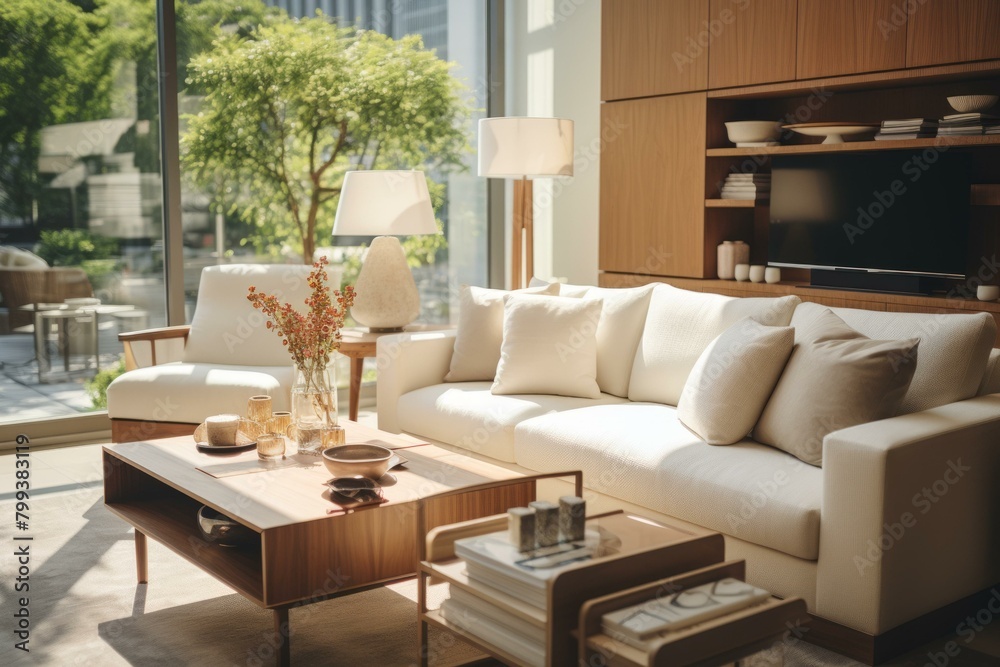 Bright living room with large windows and white furniture Bright living room with large windows and white furniture