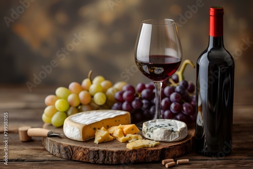 Red wine and cheese composition. Brie, camembert and grapes on a wooden board. Still life photography. photo