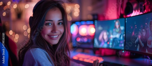 Smiling Female Gamer at Her RGB Setup in Cyber Room. Generative ai