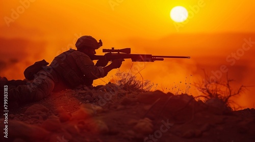 a Special Forces sniper lies prone on a desert ridge overlooking an unseen objective. Generative ai