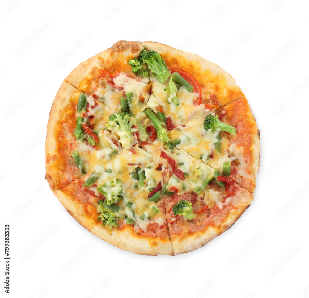 One delicious vegetarian pizza isolated on white, top view