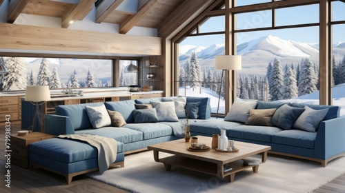 Blue and white living room interior with large windows and a view of the snowy mountains © Adobe Contributor