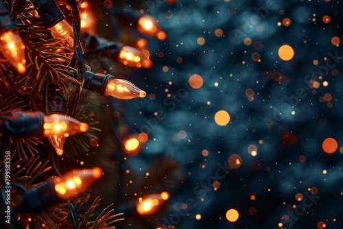 Close-up of a string of orange lights on a Christmas tree with blurred blue background © Adobe Contributor