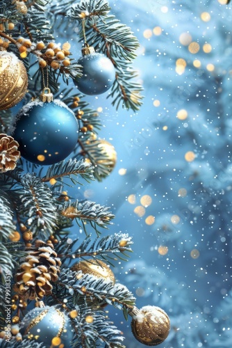 Christmas tree decorated with blue and gold ornaments