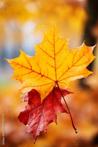 Two colorful maple leaves falling in autumn