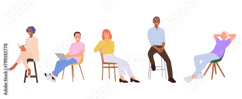 Diverse people cartoon characters sitting on chair vector illustration isolated on white background